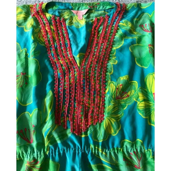 READ 100% Silk Lilly Pulitzer Blue Green Floral Beaded Women's Tunic Shirt S M - Picture 4 of 8